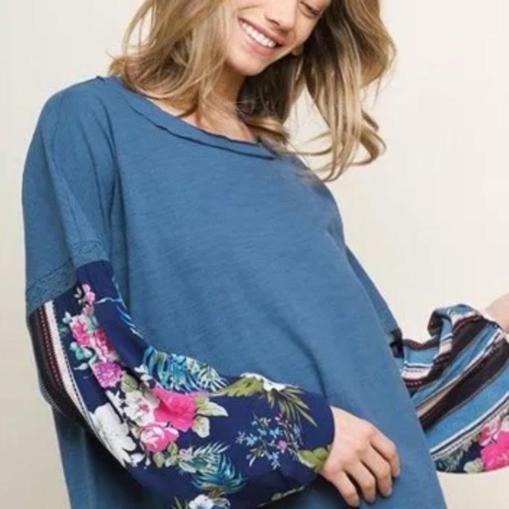 Umgee Denim Blue Color Midi Dress with Floral Long Sleeves XL Scoop Neck